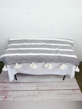 Woven Nook Off White & Black Pom Rugged Throw 47 x 60”